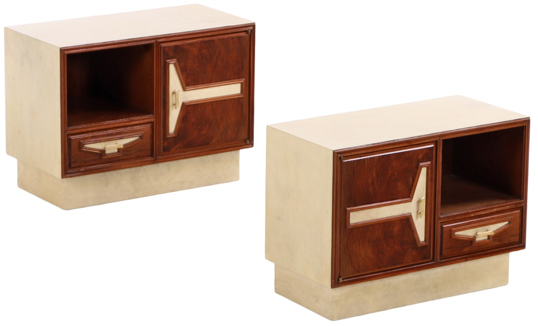 PAIR OF BURL WALNUT AND PARCHMENT COVERED NIGHT STANDS C 1955. (1 of 6)