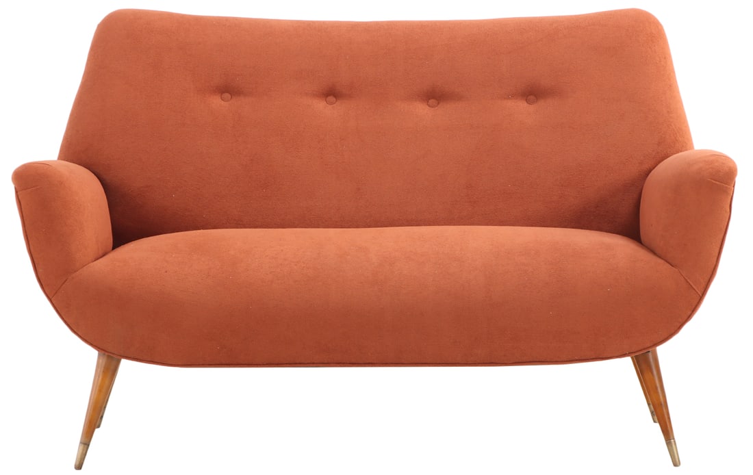 UPHOLSTERED SOFA RESTING ON WOODEN LEGS C 1950 HAVING NEW FABRIC. (1 of 6)