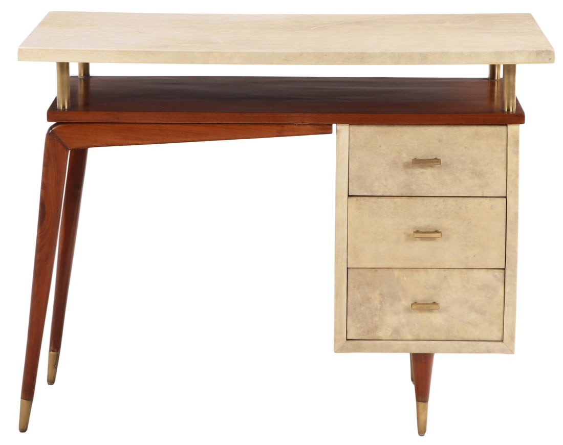 WOOD AND PARCHMENT COVERED WRITING DESK ON THE MANNER OF GIO PONTI C 1950. (1 of 6)