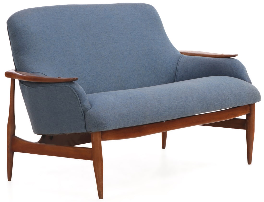 WOOD AND UPHOLSTERED SETTEE IN THE MANNER OF FINN JUHL C 1955 HAVING NEW FABRIC. (1 of 5)