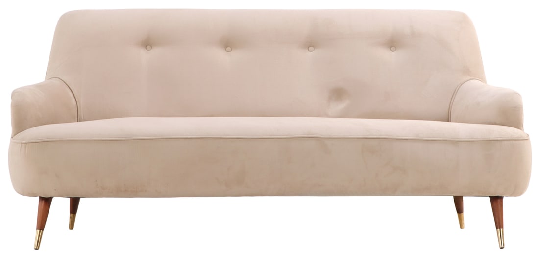 AN UPHOLSTERED SOFA C 1950 WITH BUTTON BACK DESIGN AND NEW FABRIC. (1 of 7)