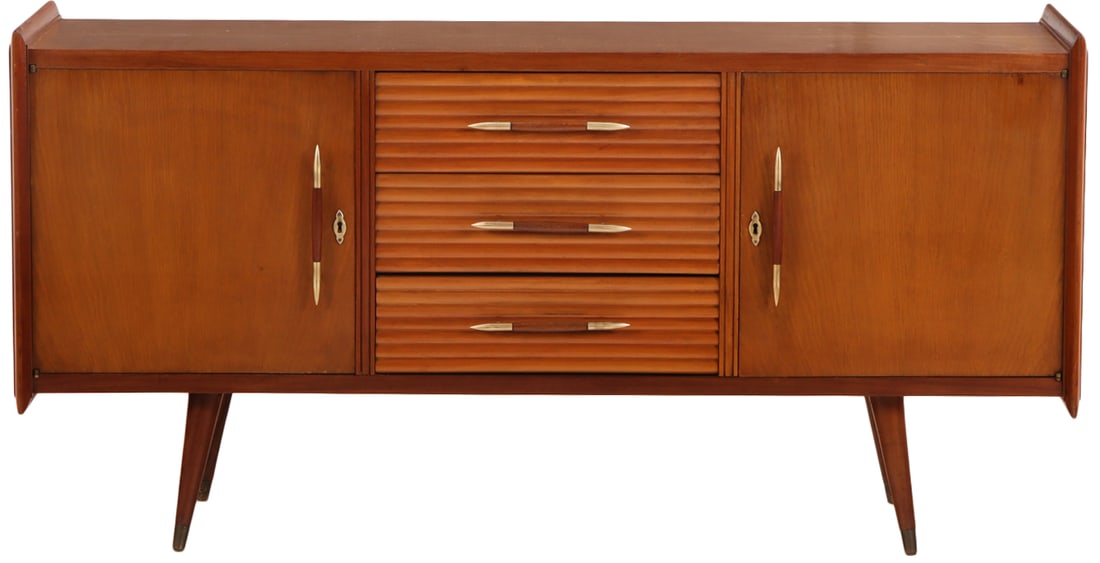 A MAHOGANY TWO DOOR DRESSER HAVING A CENTRAL BANK OF DRAWERS C 1950. (1 of 7)
