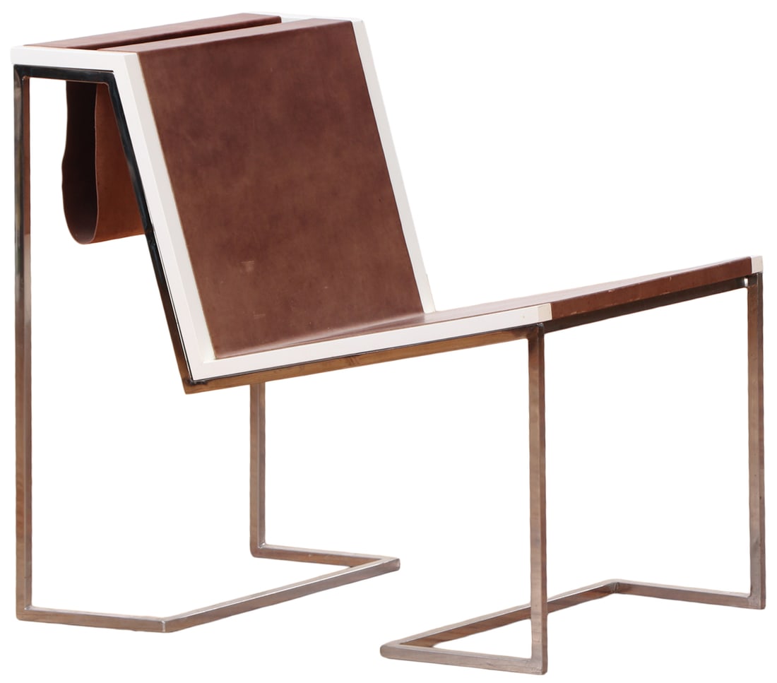 A BAUHAUS INSPIRED LEATHER AND STAINLESS STEEL CHAIR WITH A SLING COMPARTMENT FOR MAGAZINES. (1 of 6)