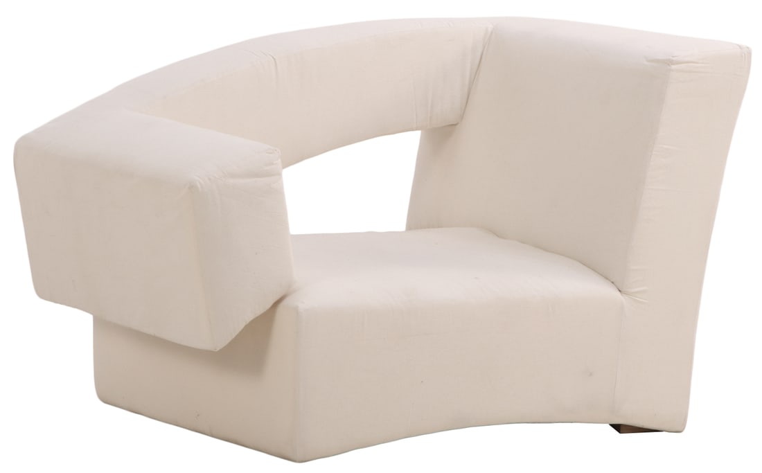 AN UPHOLSTERED ASYMMETRIC CHAIR IN THE MODERNIST TASTE. (1 of 5)