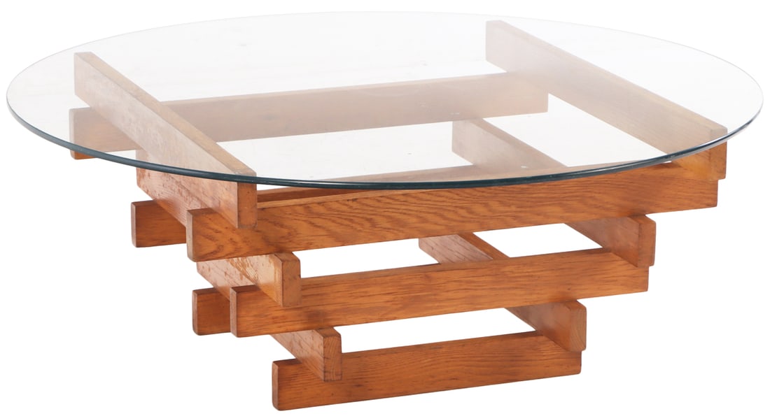 A DAVID HICKS STYLE STACKED OAK AND GLASS COFFEE TABLE. (1 of 5)