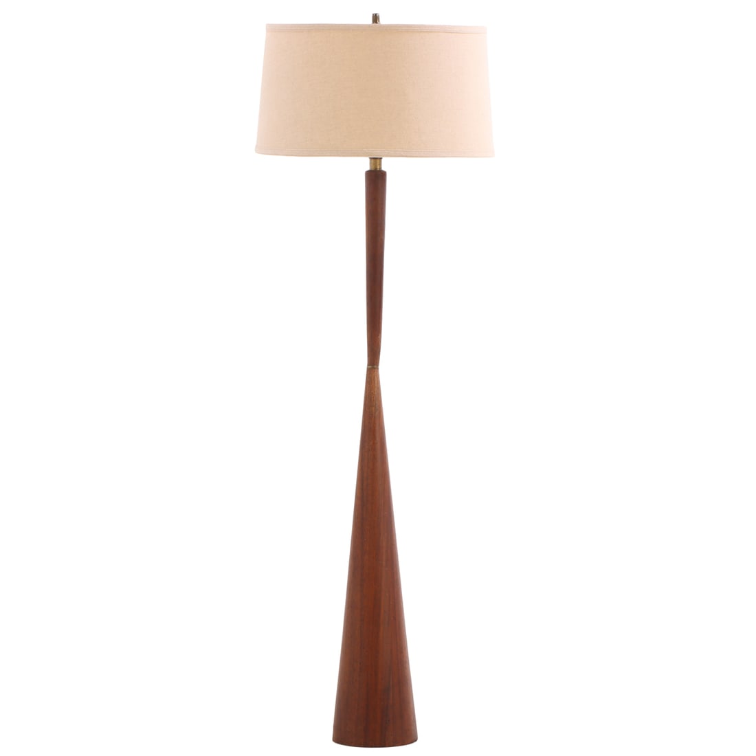 A TALL AND ELEGANT LAWSON-FENNING EL MONTE WALNUT FLOOR LAMP HAVING A BRASS KNUCKLE AND LINEN DRUM: A tall and elegant Lawson-Fenning El Monte walnut floor lamp having a brass knuckle and linen drum shade. Ht: 58.75" Wd: 17.25" Dpth: 17.25"