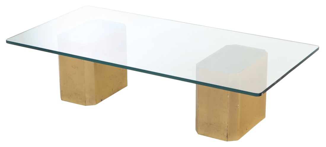 BRONZE AND GLASS DOUBLE PEDESTAL COFFEE TABLE C 1960. (1 of 5)