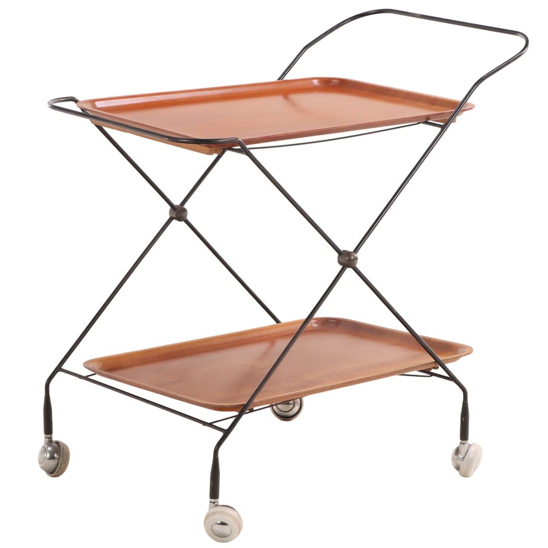 WALNUT AND IRON BAR CART WITH TWO REMOVABLE TRAYS C 1950. (1 of 5)