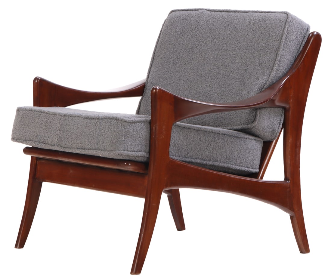 ROSEWOOD OPEN ARM CHAIR HAVING DOWN SWEPT ARMS AND NEW FABRIC. (1 of 7)