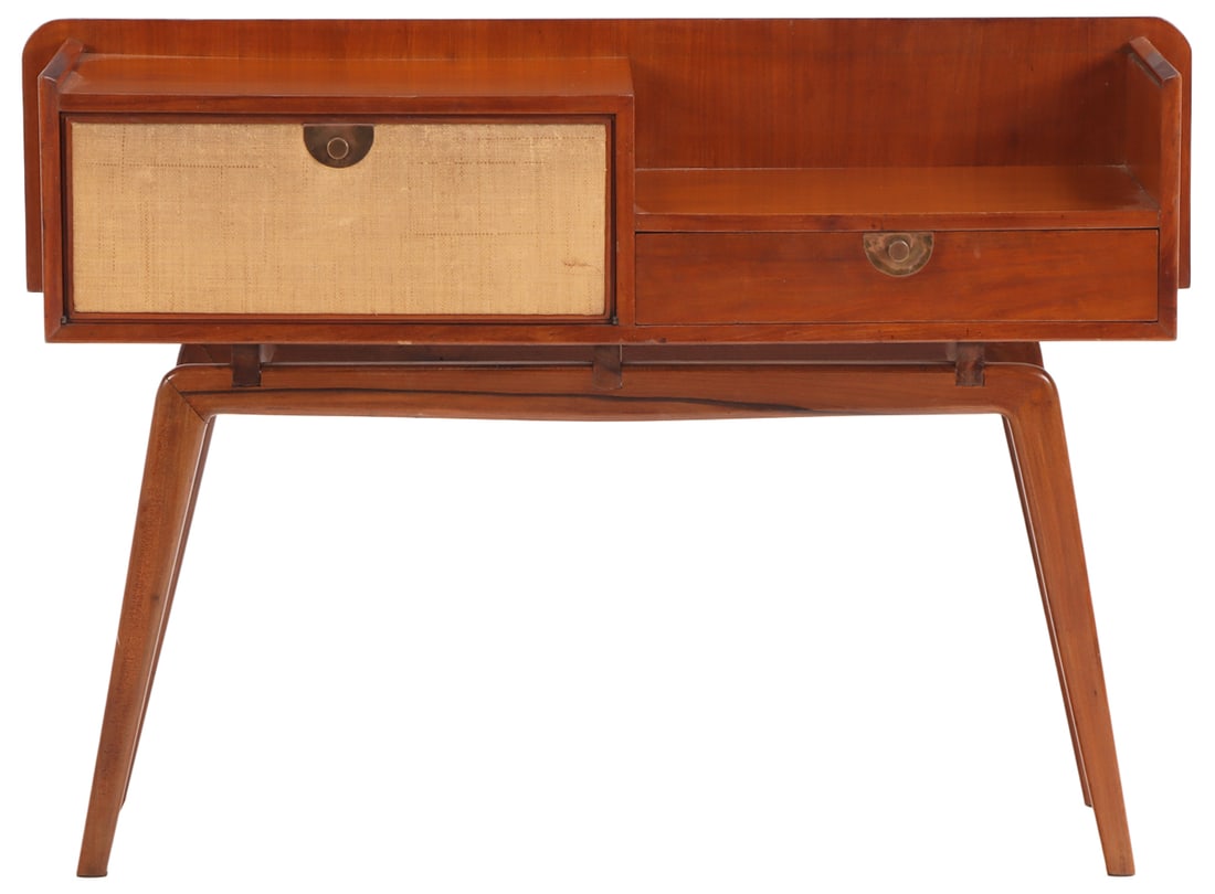 A WOOD AND GRASS CLOTH CONSOLE TABLE HAVING A FALL FRONT COMPARTMENT ALONG SIDE A SINGLE DRAWER C (1 of 5)