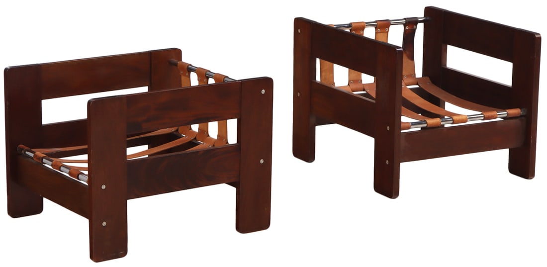 PAIR OF MAHOGANY AND LEATHER LOUNGE CHAIRS WITH CHROMED BACK RESTS IN THE MANNER OF TOBIA SCARPA C (1 of 6)