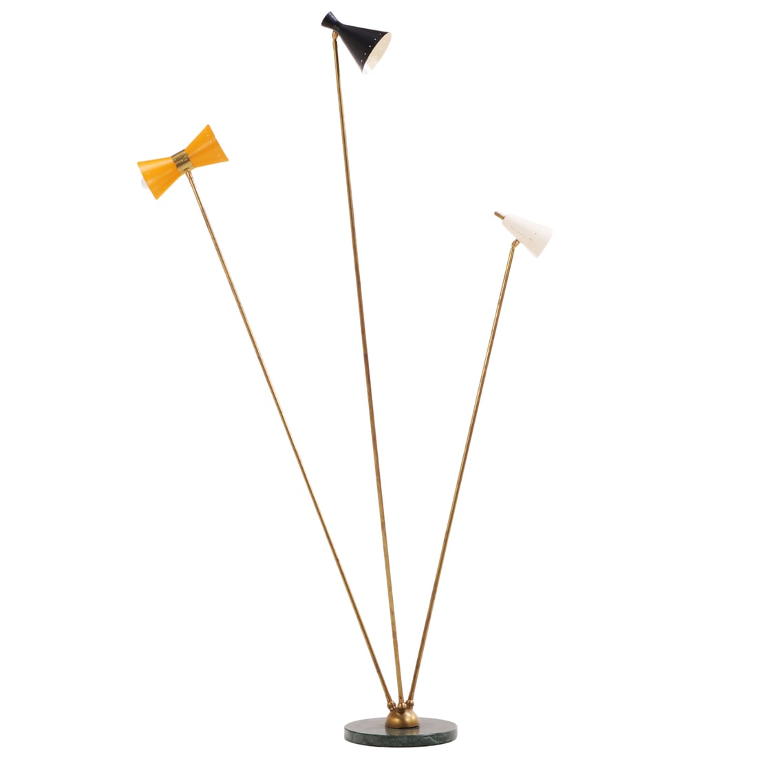 BRASS AND PAINTED IRON THREE LIGHT FLOOR LAMP HAVING A MARBLE BASE ATTRIBUTED TO STILNOVO C (1 of 7)