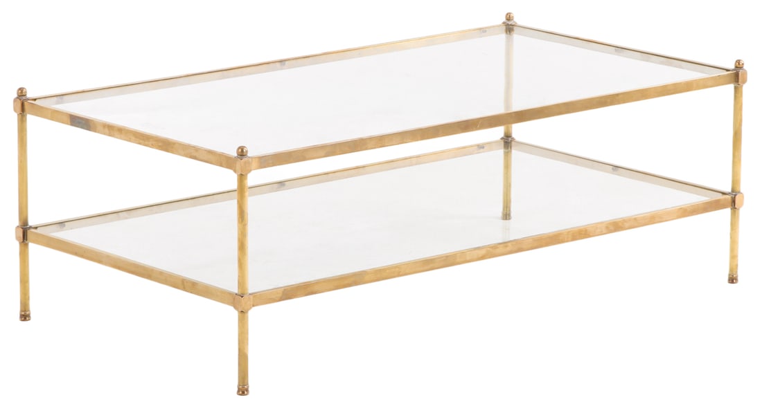TWO TIER BRASS AND GLASS COFFEE TABLE C 1970. (1 of 5)
