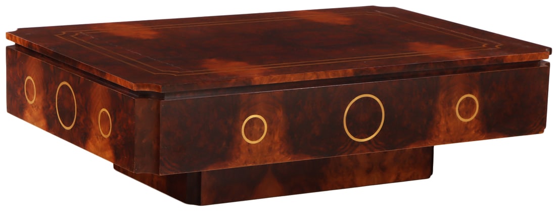 LARGE BURL WALNUT COFFEE TABLE IN THE MANNER OF WILLY RIZZO C 1970. (1 of 5)