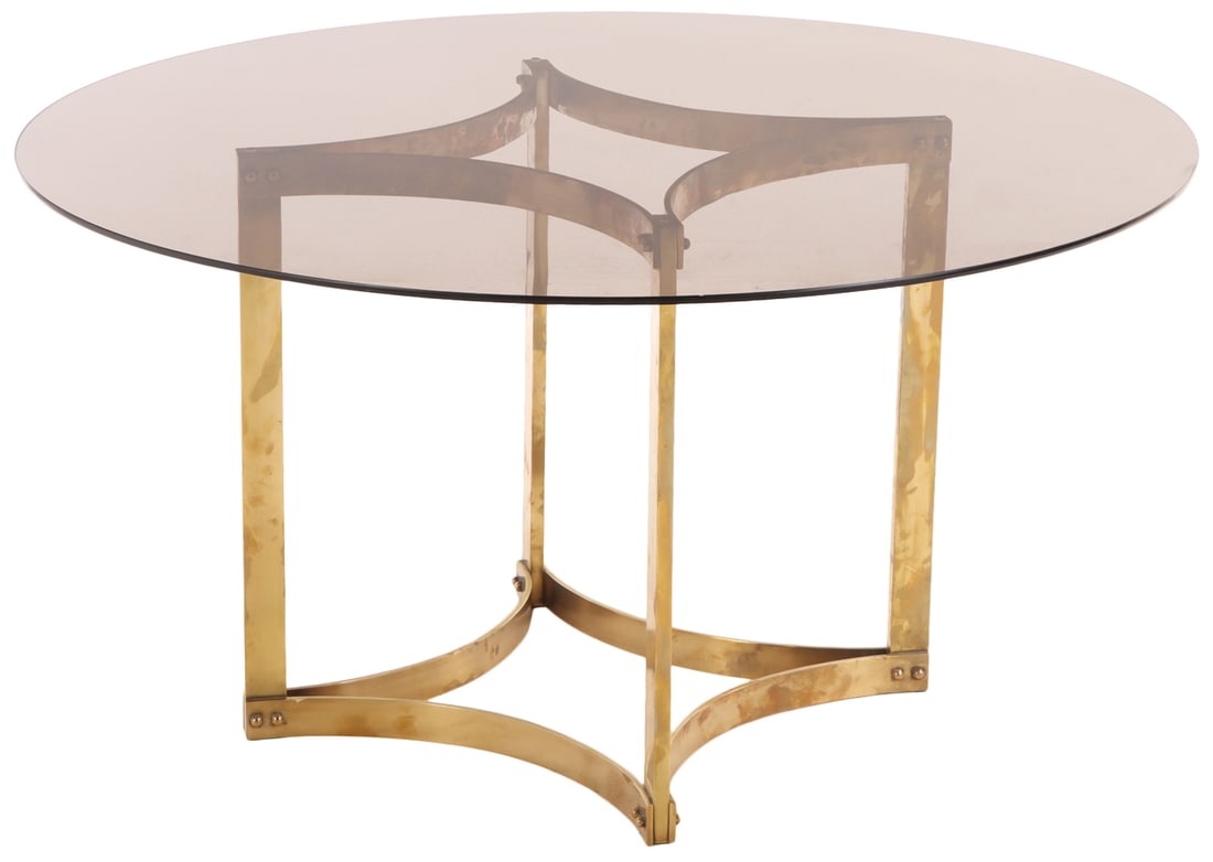BRONZE TABLE BASE HAVING A SMOKED GLASS TOP C 1970. (1 of 4)