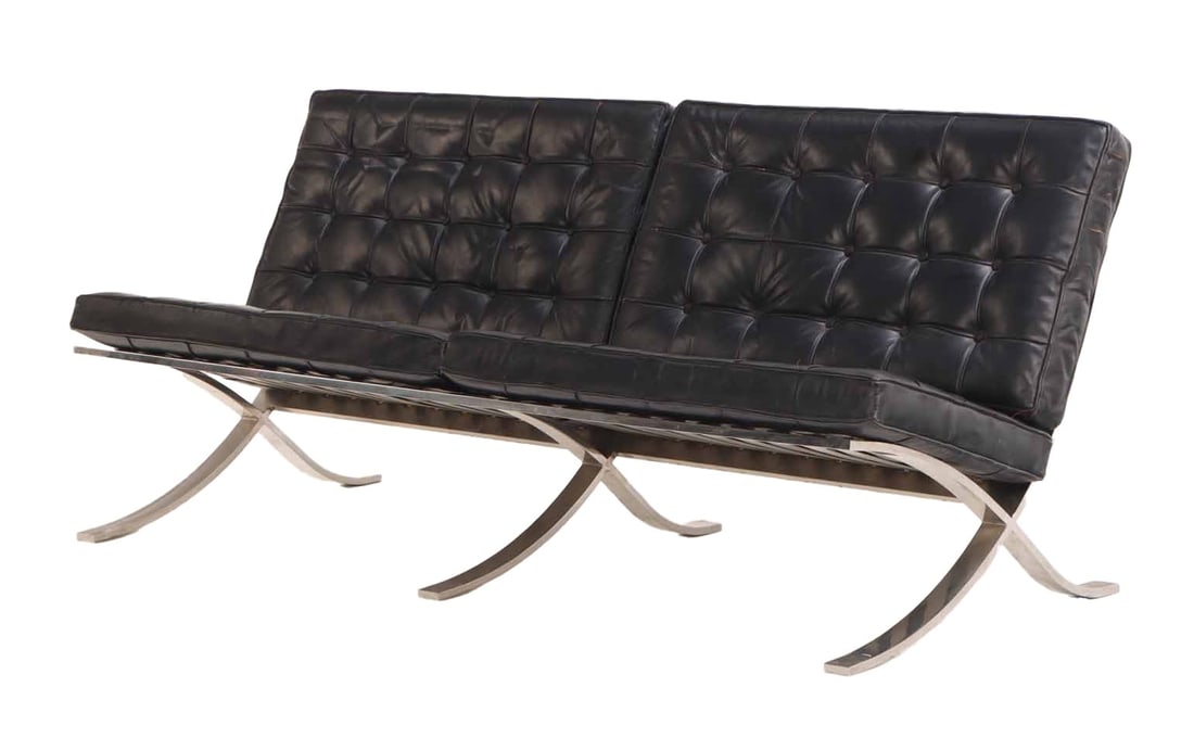 A BARCELONA STYLE LEATHER TWO SEAT BENCH C 1975. INSPIRED BY LUDWIG MIES VAN DER ROHE'S 1929 (1 of 8)