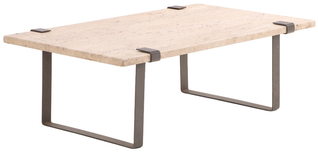 AN IRON AND TRAVERTINE COFFEE TABLE C 1980. (1 of 5)
