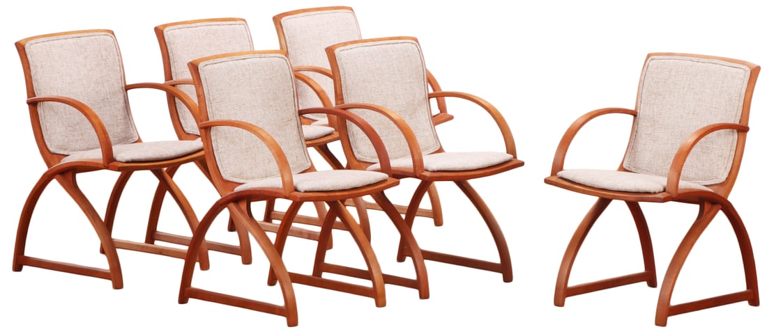 SIX SWEDISH BENTWOOD UPHOLSTERED ARM CHAIRS C 1985. (1 of 6)