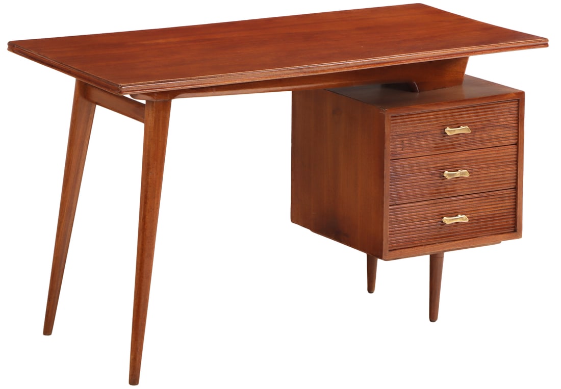 SINGLE PEDESTAL WRITING DESK WITH THREE DRAWERS C 1950. (1 of 5)