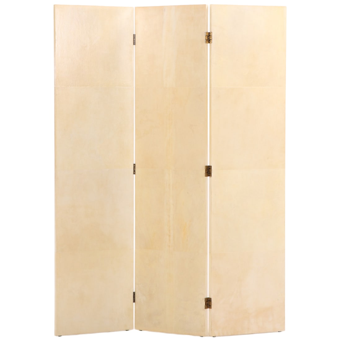 THREE PANEL PARCHMENT COVERED ROOM DIVIDER IN THE MANNER OF JEAN-MICHEL FRANK,.: Three panel parchment covered room divider in the manner of Jean-Michel Frank,. Ht: 71.75" Wd: 57.75" Dpth: 1"
