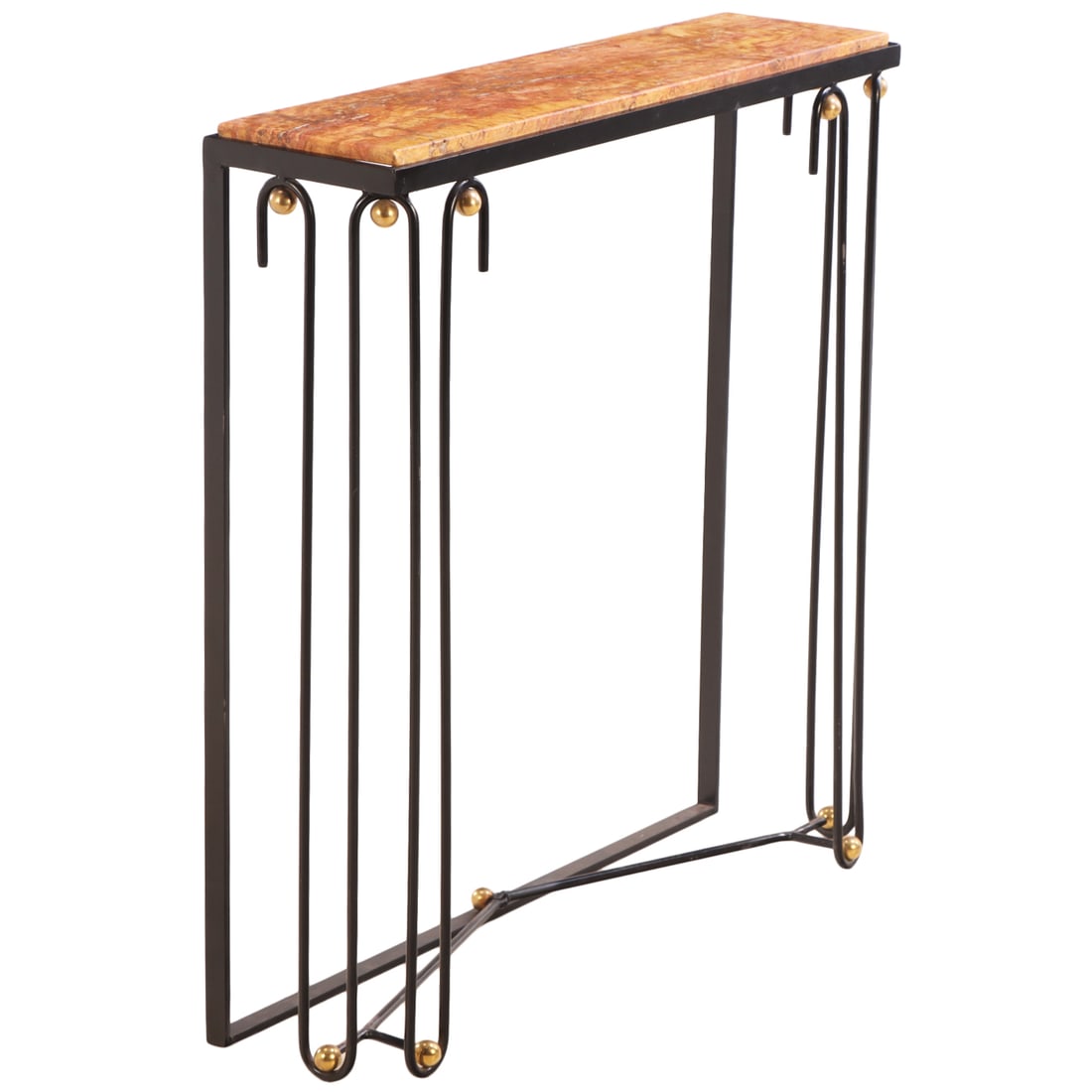 PAINTED IRON AND BRONZE CONSOLE TABLE HAVING AN INSET MARBLE TOP. (1 of 4)