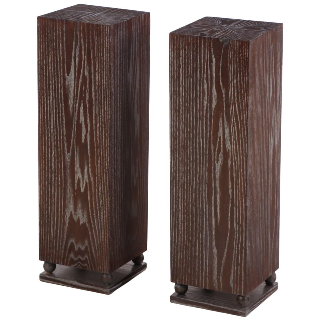 A PAIR OF CERUSED OAK PEDESTALS RESTING ON FOUR SPHERES.: A pair of cerused oak pedestals resting on four spheres. Ht: 39.5" Wd: 11.75" Dpth: 11.75"