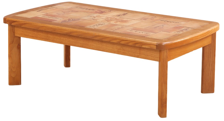 FRENCH ELM AND TILE COFFEE TABLE C 1970 ATTRIBUTED TO ROGER CAPRON. (1 of 5)