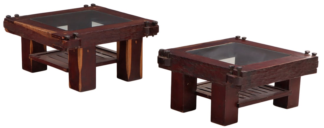 HEAVY PAIR OF BRAZILIAN END TABLES HAVING INSET GLASS TOPS AND IRON RAIL ROAD SPIKE DECORATION C (1 of 5)
