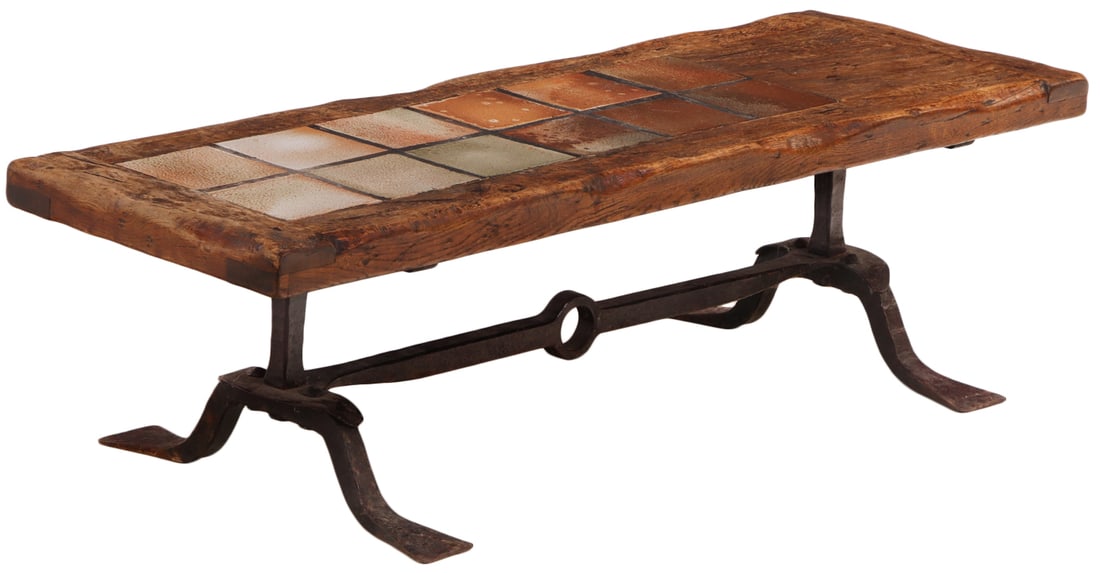 A FRENCH BRUTALIST COFFEE TABLE HAVING AN IRON BASE AND A THICK SLAB TOP MADE OF ELM WITH INSET (1 of 6)