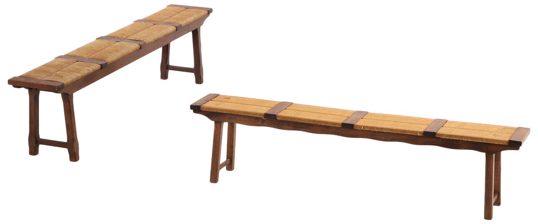 PAIR OF FRENCH OAK AND RUSH BRUTALIST STYLE BENCHES C 1960. (1 of 6)