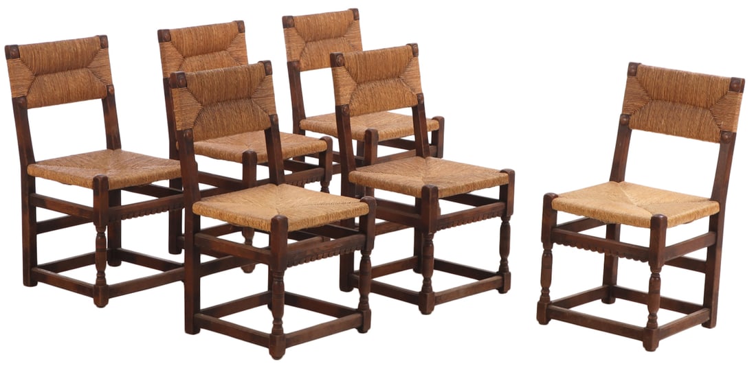 SIX OAK AND RUSH DINING CHAIRS C 1940. (1 of 7)