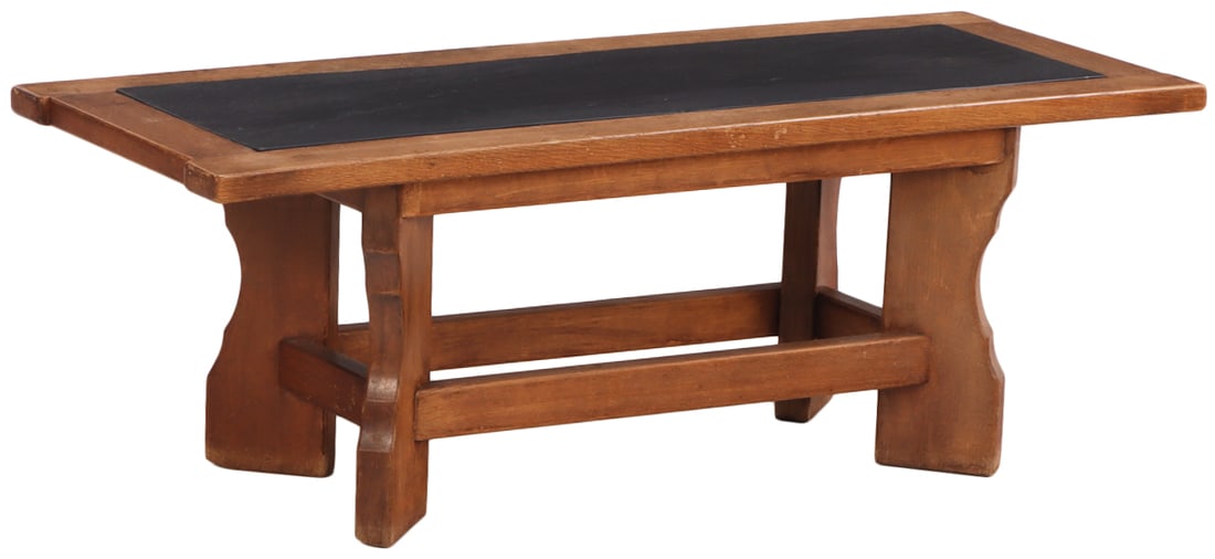FRENCH BRUTALIST STYLE OAK AND SLATE TOP COFFEE TABLE C 1960. (1 of 5)