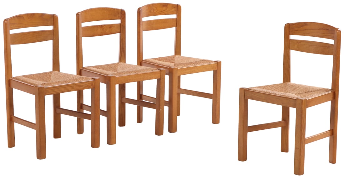 FOUR OAK AND RUSH SIDECHAIRS IN THE MANNER OF MAISON REGAIN C 1960. (1 of 6)