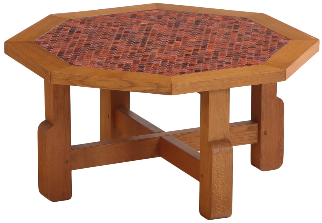 EIGHT SIDED BELGIAN OAK AND CERAMIC TILE BRUTALIST STYLE COFFEE TABLE C 1960. (1 of 6)