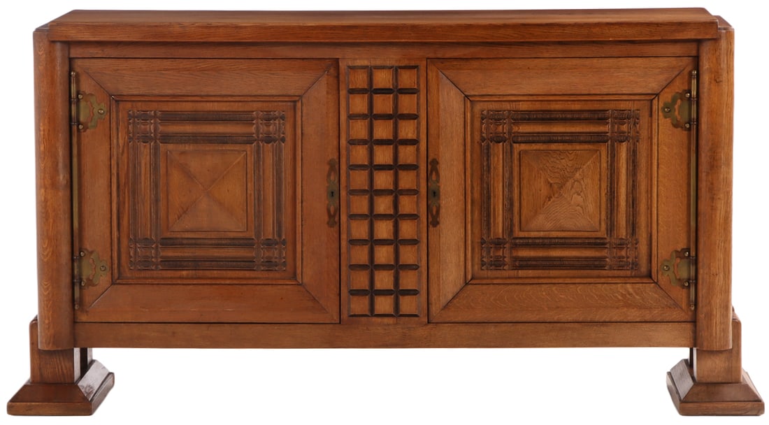 FRENCH TWO DOOR OAK SIDEBOARD IN THE MANNER OF CHARLES DUDOUYT C 1940 HAVING TWO INTERIOR (1 of 7)