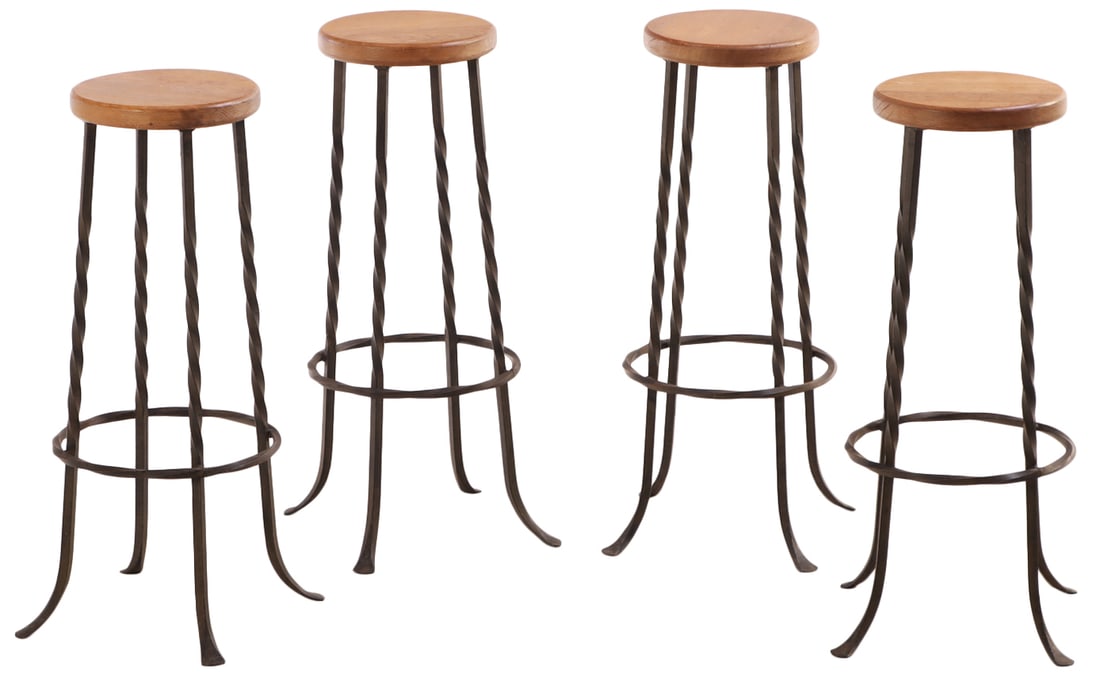FOUR FRENCH OAK AND TWISTED IRON BAR STOOLS C 1960 (1 of 5)