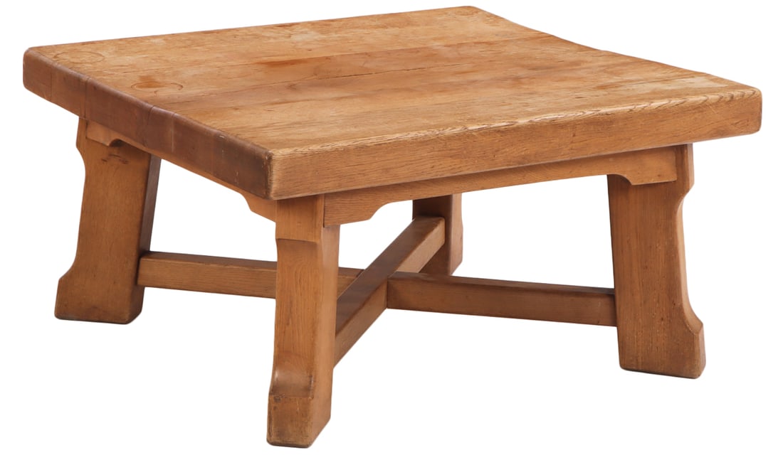 BRUTALIST STYLE BELGIAN OAK SLAB TOP COFFEE TABLE WITH STRETCHER BASE C 1960. (1 of 4)
