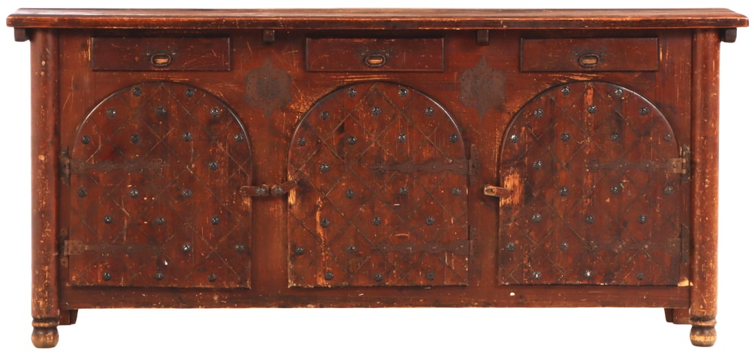 RUSTIC MODERN FRENCH SIDEBOARD HAVING ARCHED DOORS AND MUTIPLE METAL MOUNTS C 1960.: Rustic modern French sideboard having arched doors and mutiple metal mounts C 1960. Ht: 40" Wd: 88" Dpth: 21"