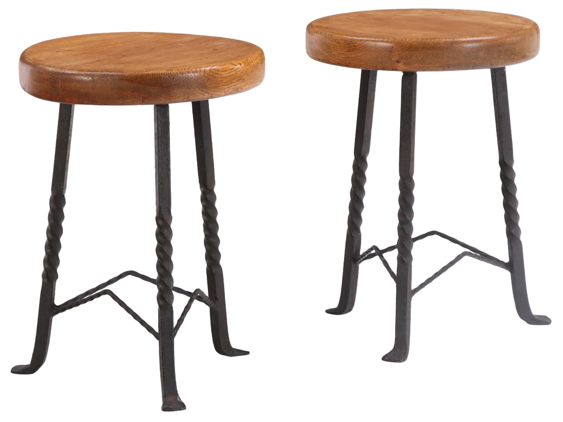 PAIR OF FRENCH OAK AND IRON STOOLS C 1960 (1 of 5)