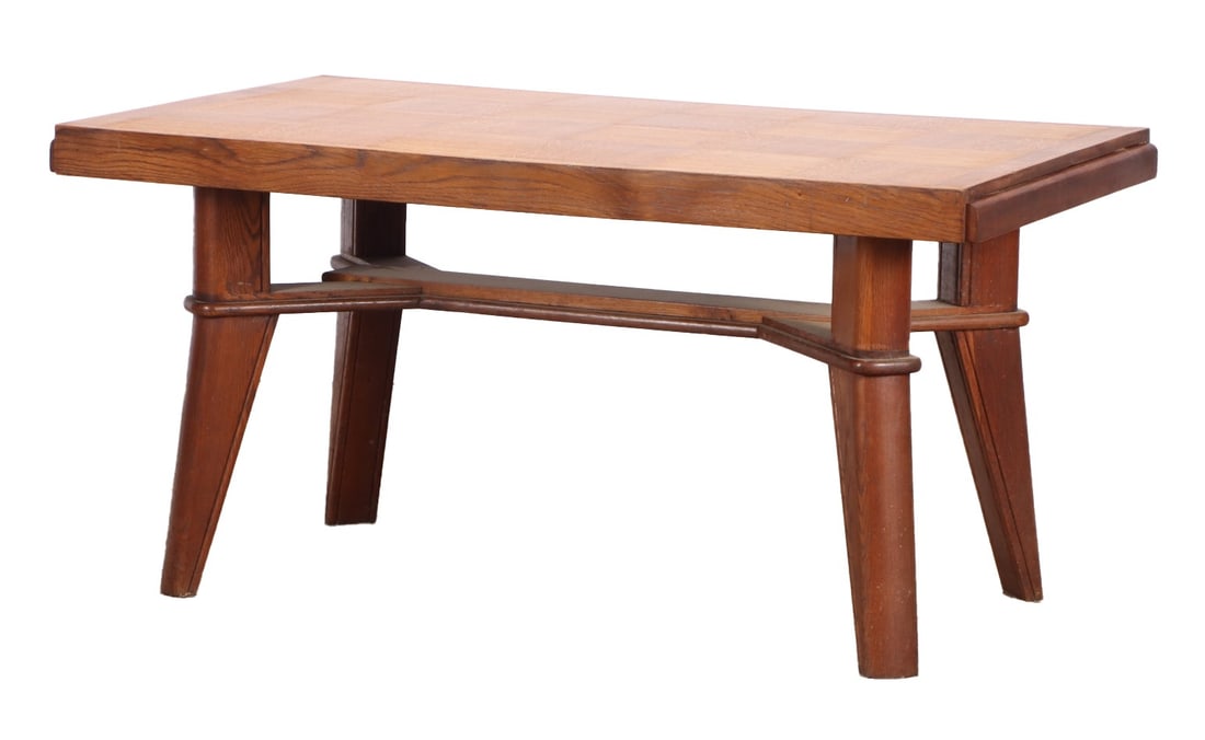 ELEGANT FRENCH OAK DINING TABLE HAVING TWO LEAVES IN THE MANNER OF CHARLES DUDOUYT C 1940. (1 of 7)