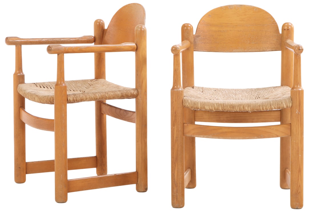 PAIR OF OAK AND RUSH ARM CHAIRS C 1960. (1 of 7)