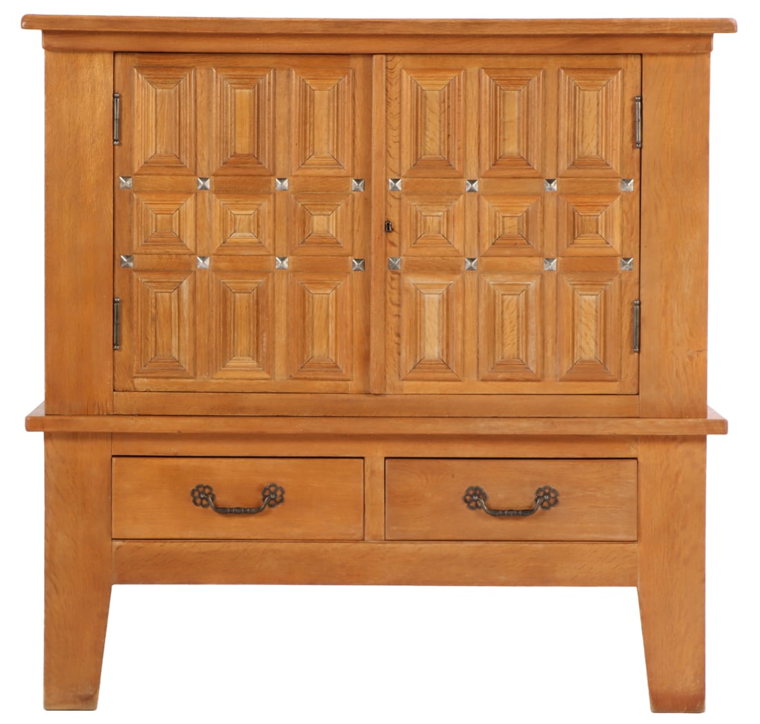 TWO PIECE OAK BAR CABINET WITH METAL MOUNTS IN THE BRUTALIST STYLE C 1960. (1 of 7)