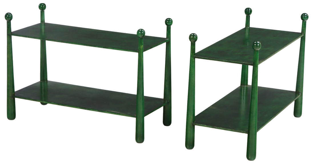 PAIR OF RECTANGULAR OLIVE WOOD END TABLES HAVING A GREEN TINT AND BAT FORM LEGS IN THE MANNER OF: Pair of rectangular olive wood end tables having a green tint and bat form legs in the manner of Jean Royere. Ht: 28.75" Wd: 40" Dpth: 17.5"