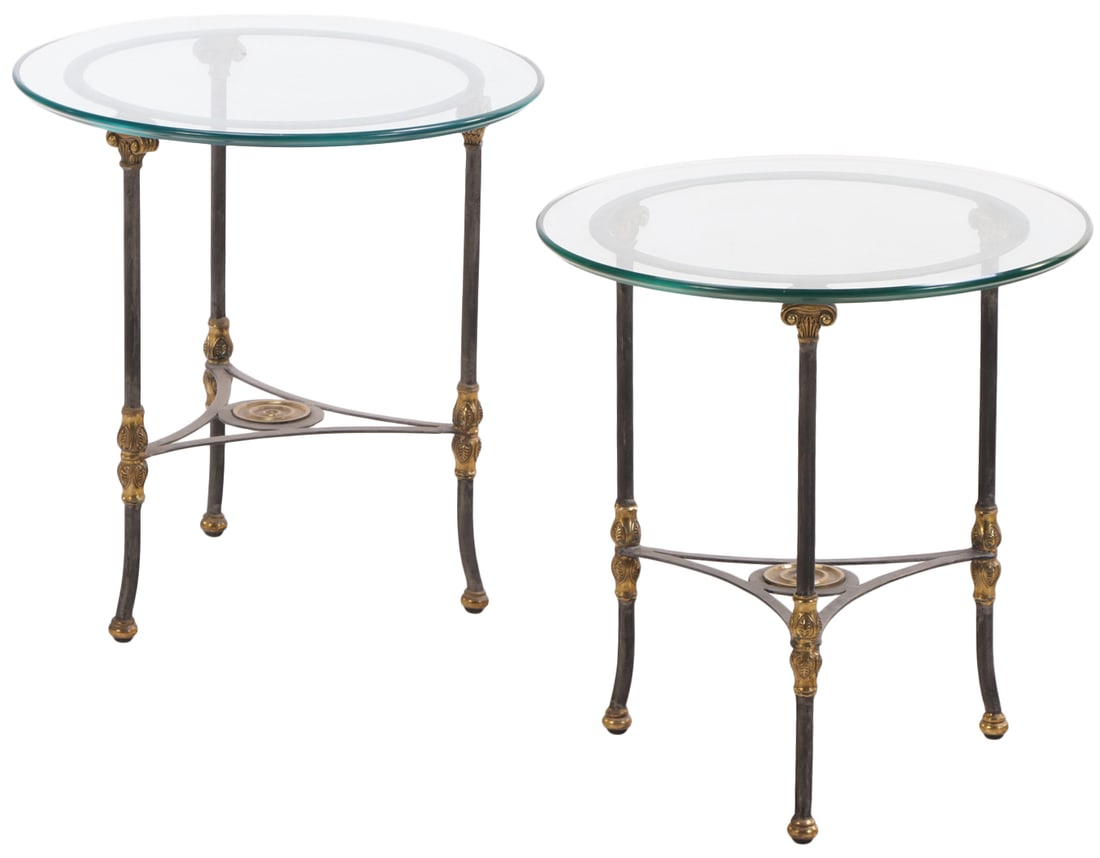 PAIR BRASS AND STEEL GLASS TOP TABLES C 1975. (1 of 6)