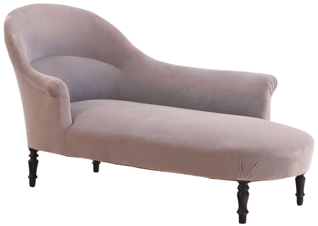 FRENCH NAPOLEON III CHAISE LOUNGE C 1870 RESTING ON EBONIZED TURNED FEET. (1 of 7)