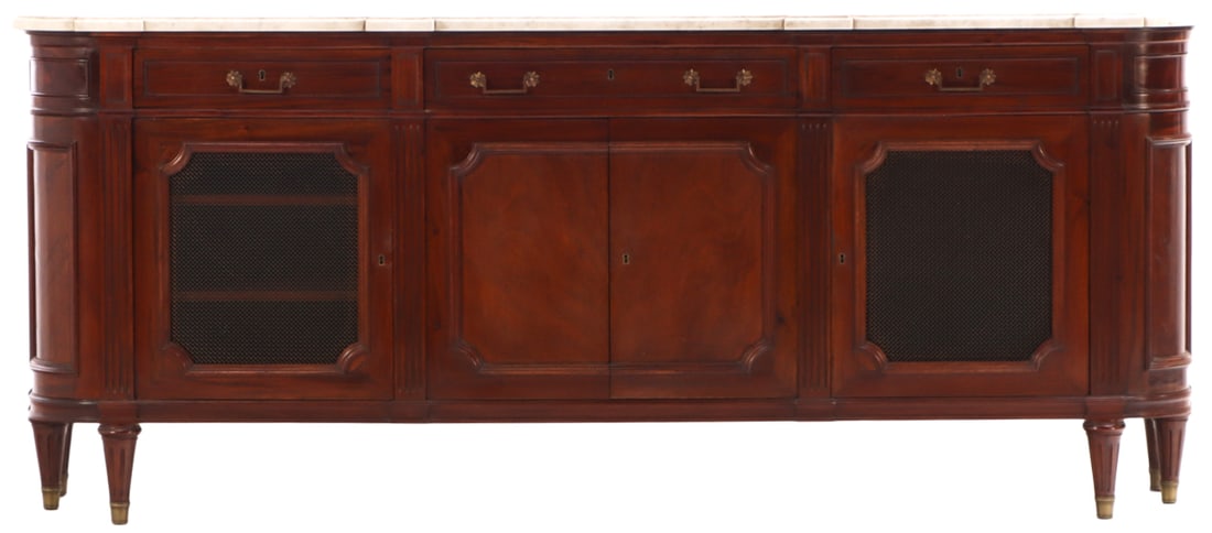 MAHOGANY MARBLE TOP SIDEBOARD HAVING THREE DRAWERS OVER TWO DOORS OPENING TO A BANK OF DRAWERS (1 of 8)