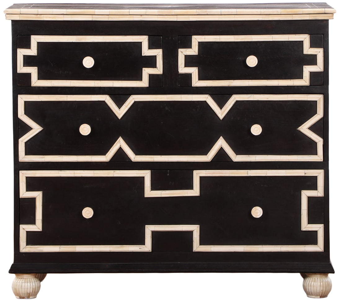 INDIAN THREE DRAWER DRESSER HAVING EBONIZED DRAWERS AND FAUX IVORY DETAILS. (1 of 6)