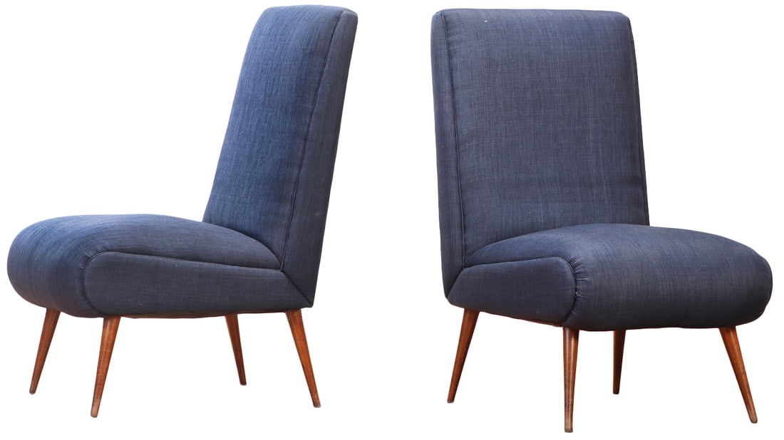 PAIR OF LARGE SCALE SLIPPER CHAIRS C 1950 WITH NEW FABRIC. (1 of 6)