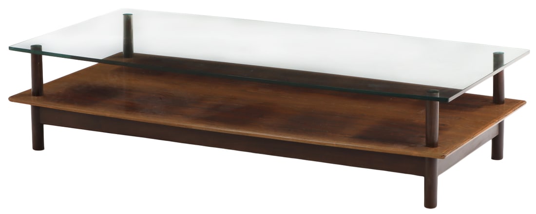 LARGE ROSEWOOD AND GLASS TWO TIER COFFEE TABLE C 1955. (1 of 5)