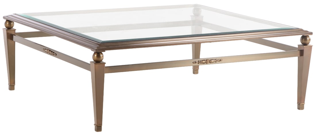 FRENCH STEEL AND BRASS COFFEE TABLE C 1970 HAVING A BEVELED GLASS TOP. (1 of 6)